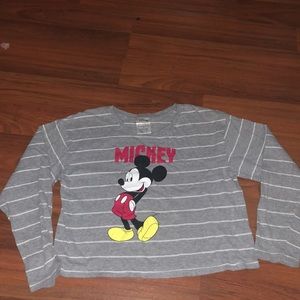 grey and white striped mickey mouse cropped long sleeve shirt